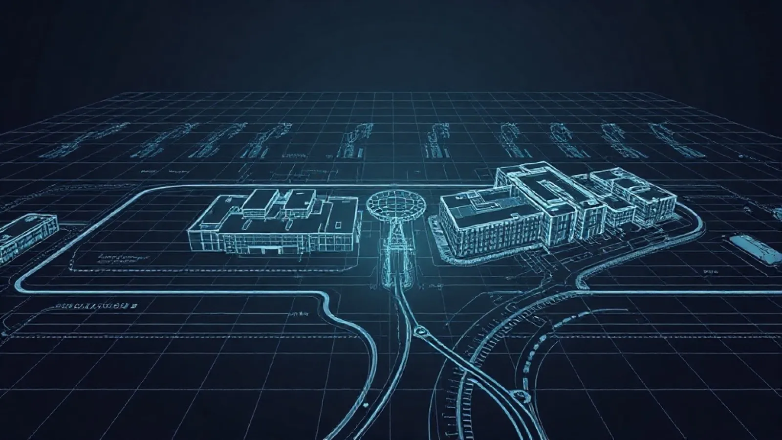 Wireframe aéreo de un campus hospitalario creciendo por etapas a diez años